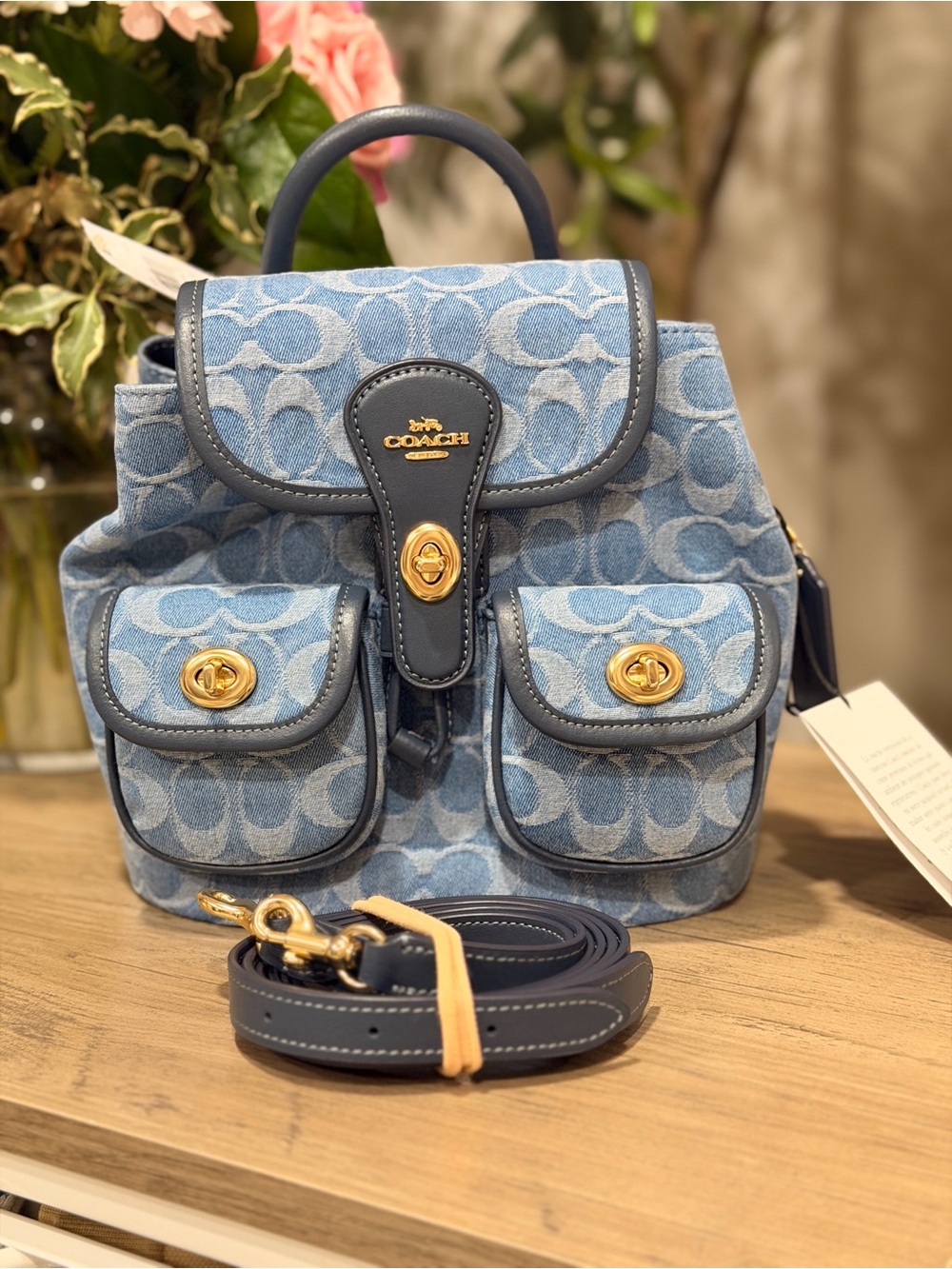 Coach Denim Mini Backpack in Light Blue with Navy Trim